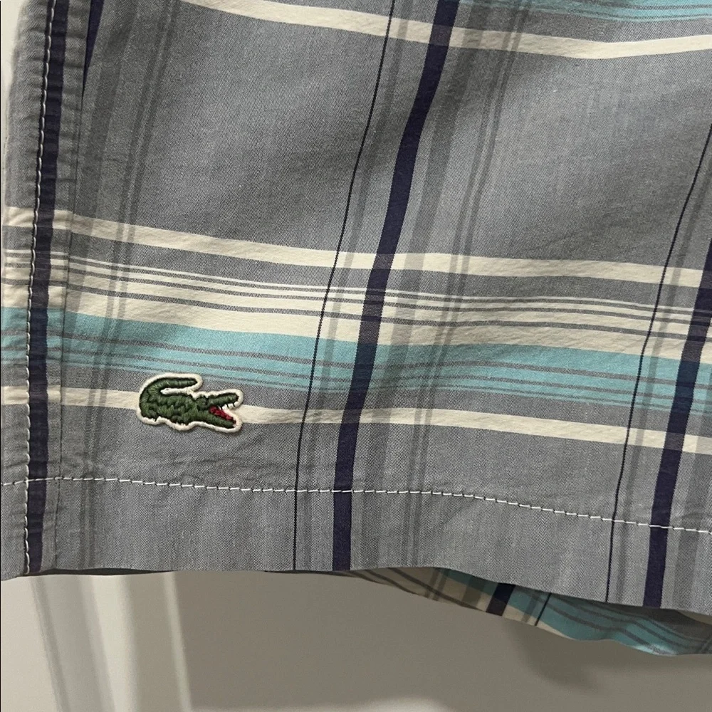 Lacoste Gray Navy and Light Blue Plaid Swim Shorts Size Small